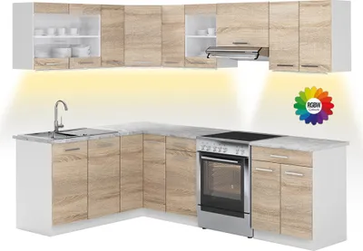 Image de Cuisine d'angle Vicco Rick Sonoma/Blanc 247 x 167 cm, PT Marbre avec bande LED, Model 51948