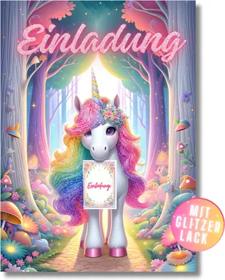 Imagen del producto de Tarjetas de invitación con purpurina, diseño de unicornio, 12 unidades, formato DIN A6, para fiestas de cumpleaños infantiles