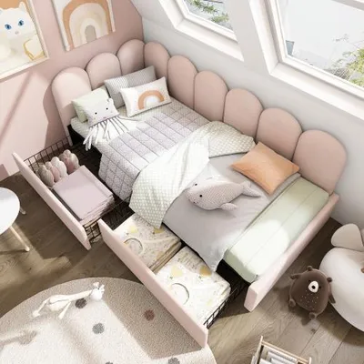 Zdjęcie produktu dla Aksamitna rozkładana sofa z szufladami i schowkiem, idealna jako łóżko dla gości lub młodzieży. Wielofunkcyjny design do małych pomieszczeń, 90x190 cm, różowy