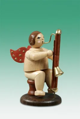 Produktbild von Holzfigur Musikantenengel mit Kontrafagott sitzend natur ohne Krone Höhe 6,5cm NEU