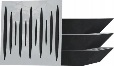 A white panel with black vertical oval shapes and three black wedge-shaped objects stacked on the right.