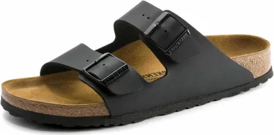 A studio shot of a pair of black Birkenstock Arizona sandals.