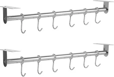 Produktbild von Ibenzoa® Edelstahl-Hakenleiste – selbstklebende Wandhalterung mit 6 verstellbaren S-Haken, 40 cm, 2er-Set, silber | für Küche & Bad