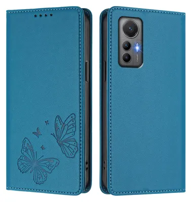 Produktbild von Lederhülle für Xiaomi 12 Lite, Schmetterling Prägung Leder Brieftasche Schutzhülle mit Ständer Blau