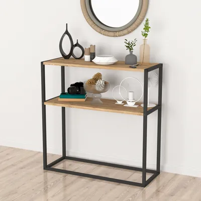Zdjęcie produktu dla Stolik konsolowy Hemsedal Stolik kawowy z 2 półkami wykonany z metalu i płyty wiórowej Półka do przechowywania 90 x 90 x 33,5 cm Stolik do przedpokoju Stolik wejściowy w industrialnym stylu z drewna dębowego