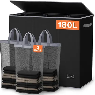 Produktbild von Wäschekorb mit Deckel 180L 3 Fächer Wäschesammler Schwarz