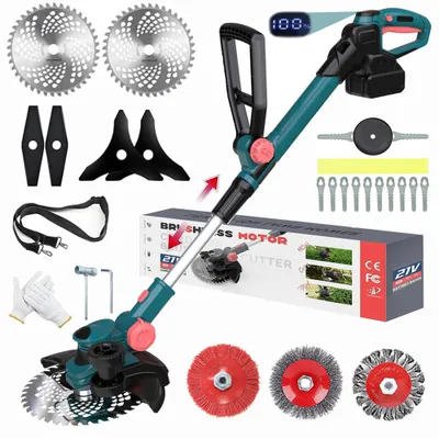 A collection of cordless grass trimmer parts and accessories laid out on a white background, with a product box in the midground.