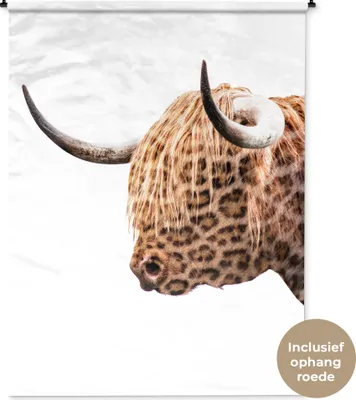 Produktbild von MuchoWow® Wandteppich Wandbehang Schottisches Hochlandrind - Weiß - Pantherdruck 150x200 cm Tapisserie Dekoration Wandtuch - Wandaufhängung - Moderner