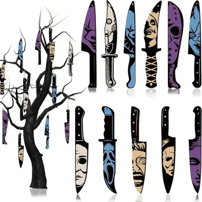 11 Halloween-Messer-Baumornamente aus Holz, 20 x 5 cm