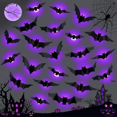 Zdjęcie produktu dla Dekoracje na Halloween: 24 sztuki nietoperzy, fioletowe, LED, 3D, naklejki na ścianę, do użytku wewnątrz i na zewnątrz