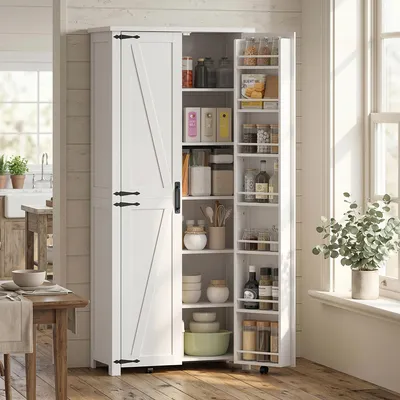Produktbild von Küchenschrank Landhausstil Vorratsschrank Weiß 76x40x180 cm | Hochschrank Küchenbuffet aus Holzwerkstoff mit 2 Türen, 6 Regalfächern & 14 Türregalen