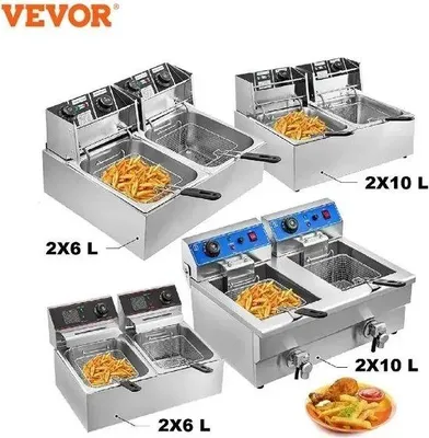 Zdjęcie produktu dla Podwójna frytkownica – smażenie w głębokim tłuszczu – 2 x 6 l – 2 x 2500 W – PTFE – 220 V – wyłącznik główny