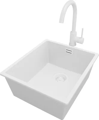 Produktbild von PRIMAGRAN Unterbauspüle Granit Alles Weiß 41x47cm, Spülbecken 1 Becken + Küchenarmatur 32x20cm + Ablauf-Set, Granitspüle ab 45er Unterschrank - London