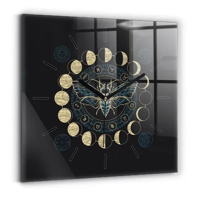 Produktbild von Wallfluent Wanduhr – Stilles Quarzuhrwerk - Uhr Dekoration Wohnzimmer Schlafzimmer Küche - Zifferblatt mit Striche - schwarze Zeiger - 30x30 cm - Mondphasen und ein Insekt
