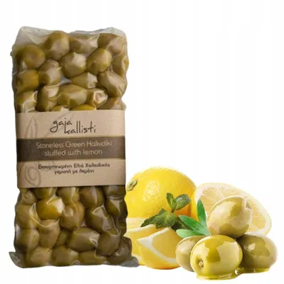 Produktbild von Gaia Kallisti Grüne Halkidiki Oliven ohne Kern mit Zitronenfüllung 250 g