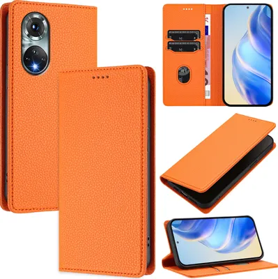 Produktbild von Litchi Leder Handyhülle für Huawei Nova 9/Honor 50 Wallet Kartenfächer Standfunktion Hülle Orange
