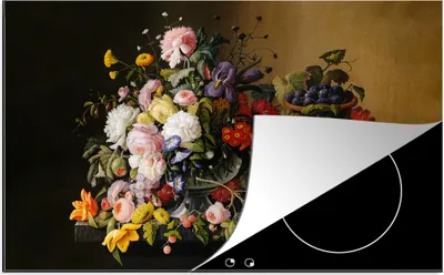 Produktbild von KitchenYeah© Herdabdeckplatte Stilleben mit Blumen und Früchten - Kunstwerk - Alte Meister , 89x51cm, Küche Deko, Glaskeramikkochfeld Herdabdeckung, Abdeckplatte fùr Kochfeld