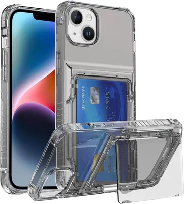 Produktbild von Hülle für iPhone 14 Plus Transparent Kartenfach Silikon TPU Handyhülle mit Ständer Grau