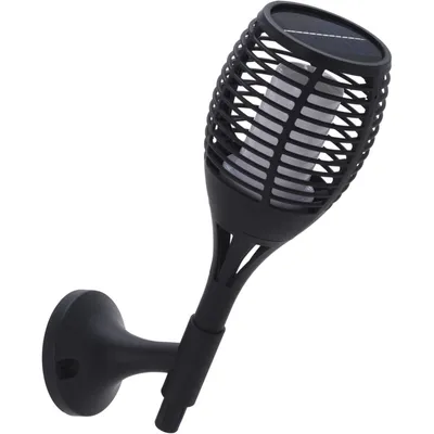 A black solar-powered garden light mounted on a wall.