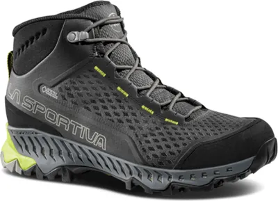Schwarze Wanderschuhe "Stream GTX" von La Sportiva mit grünlichen Akzenten und rutschfester Sohle.