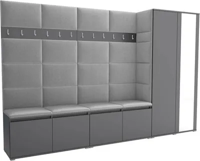 Produktbild von Garderoben-Set Noris V mit Spiegel, gepolsterte Garderobe 290 cm, Flurmöbel mit Wandpaneelen, 12 Haken und Schrank (Farbe: Anthrazit + Trinity 32)