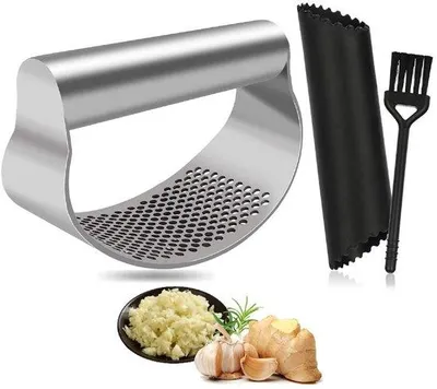 Obrázok produktu pre Ibenzoa® lis na cesnak z nehrdzavejúcej ocele – ergonomické, zakrivené rukoväte, silikónový škrabka a čistiaca kefka, vhodný do umývačky riadu, určený na cesnak, zázvor a orechy