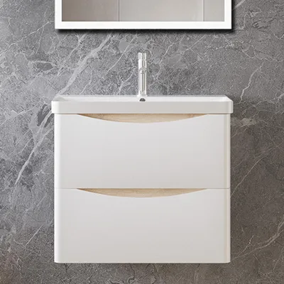 Produktbild von Badezimmerschrank 60cm Mineralguss Waschtisch mit Unterschrank Eiche+Weiß Matt Badmöbel Set mit Soft-Close