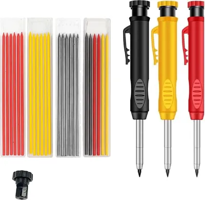 Produktbild von Tischler Bleistifte Set, 3 Solide Zimmermannsbleistifte mit 24 Vielseitige Minen, druckbleistift Marker, Tieflochmarker Bleistift mit Eingebauter Spitzer für Holzbearbeitung