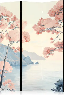 Produktbild von 3-teiliger Doppelseitiger Vlies Paravent - Landscape with the Ocean - Cliffs - and Trees in Delicate Pink Shades 135x172 cm Landschaften c-H-10044-z-a