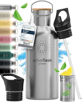 Productafbeelding van Thermosfles RVS 1 liter - Met rietje en 3 doppen - BPA-vrij
