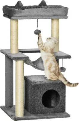 Produktbild von Katzenbaum 90cm mit Hängematte Spielbaum Katzenhöhle Plattformen Kletterbaum Katzenkratzbaum Grau bis 4kg