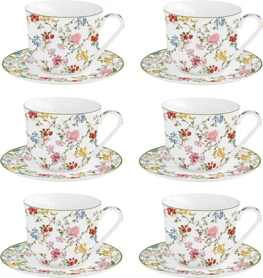 Produktbild von 6er Set Tassen mit Untertasse GARDEN DREAMS weiß mit bunten Blumen Easy Life