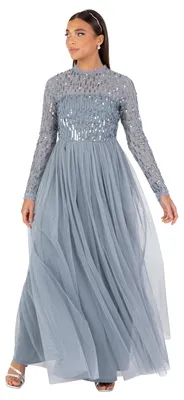 Produktbild von Maya Deluxe Women's Maxi Dress Ladies Modest High Neck Long Sleeve Tulle Sequin