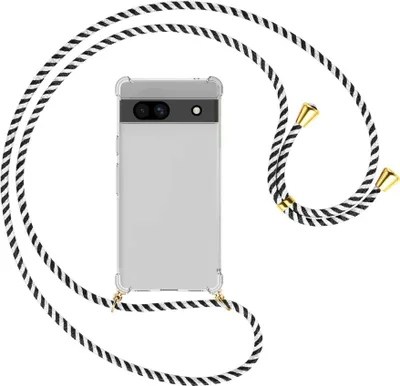Produktbild von Handykette Backcover-Schutzhülle mit Band (Metall goldfarben) für Google Pixel 7a - schwarz/weiß gestreift