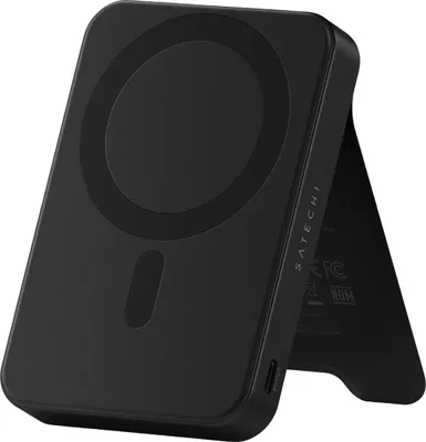 A black Satechi magnetic power bank with a stand is shown.