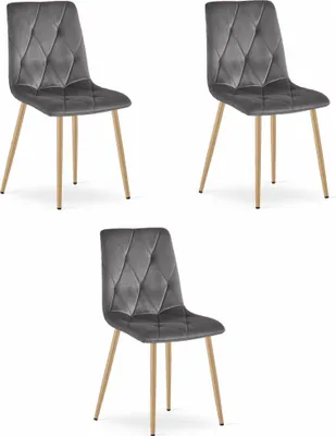 Immagine prodotto di Set di 3 sedie LIBRA in velluto grigio scuro con gambe in legno Valora | Set di 3 sedie grigie con struttura in legno