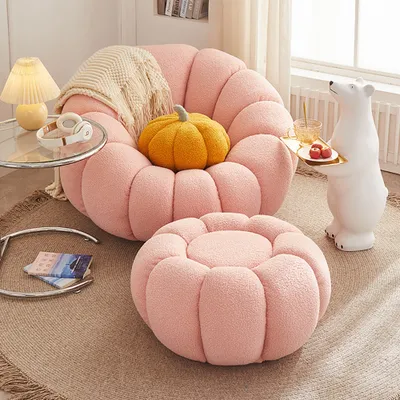 Immagine prodotto di Poltrona girevole, poltrona lounge con pouf in Similcuoio d'agnello - set di 2 pezzi, accogliente e moderno Pink【SF54+SF55-powder】
