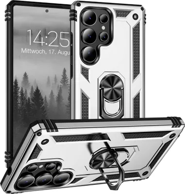 A silver and black rugged phone case with a ring holder, shown from multiple angles.