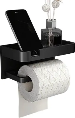 Produktbild von Famanu Toilettenpapierhalter Selbstklebend - Aluminium mit Ablage Schwarz