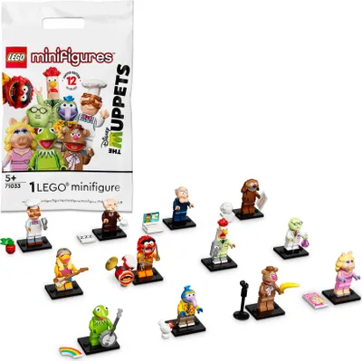 A collection of LEGO minifigures from The Muppets series, displayed with their packaging.