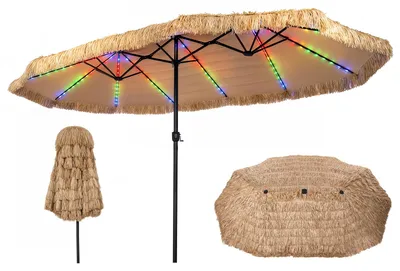 Produktbild von COSTWAY Doppel Sonnenschirm mit Solar-LED 450x260cm, PE-Strohschirm Hawaii mit 12 Lichtmodi, 2 Ladeoptionen & Kurbel, Gartenschirm Terrassenschirm