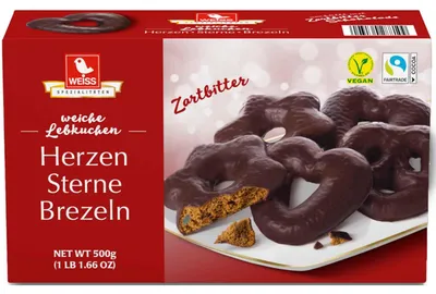 Produktbild von Weiss Herzen Sterne Brezeln Zartbitter 500g