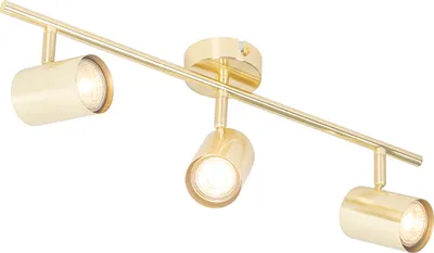 A brass-colored track light fixture with three adjustable spotlights against a white background.