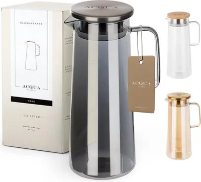 Produktbild von Famanu Glaskaraffe mit Deckel, 1,5 Liter, hochwertig und auslaufsicher, ideal für Limonade, Wasser und Tee (schwarz/schwarz)