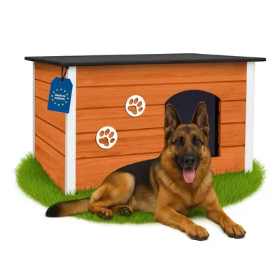 Produktbild von Outentin Hundehütte Outdoor Winterfest für Große Hunde – Isoliertes & Wetterfestes Hundehaus mit Flachdach zum Öffnen –Holz – 105x71x64 cm – Teak