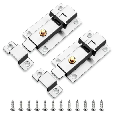 Produktbild von 2-teiliges Türschloss-Set, Riegel, Edelstahlriegel, Türriegel mit Federschalter, Schiebeschloss, Sicherheitstürriegel, für Innentüren in Schlafzimmern und Badezimmern