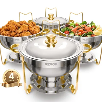 Produktbild von VEVOR Chafing Dish Buffet Speisenwärmer mit 4 Behältern in voller Größe (4,7 L pro), runder Catering-Wärmespender mit Deckel & Wasserpfanne & klappbarer Ständer, für Hochzeiten Partys Golden