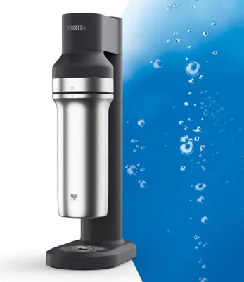 A Brita water carbonator with a stainless steel bottle is shown against a blue background with bubbles.
