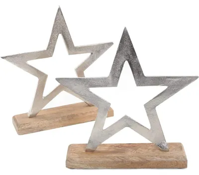 Produktbild von 2 Sterne Figuren zum Hinstellen 21 cm aus Holz + Metall silberfarben