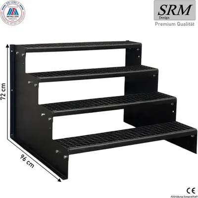 Zdjęcie produktu dla schody 4-stopniowe model 2 całkowicie czarne schody stalowe wysokość stopnia 18 cm, szerokość 150 cm, wysokość 72 cm bez poręczy